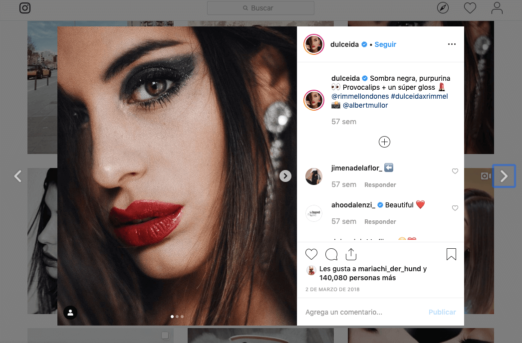 La foto muestra un post en Instagram de Aída Domenech (@Dulceida) promocionando el maquillaje de la marca Rimmel London