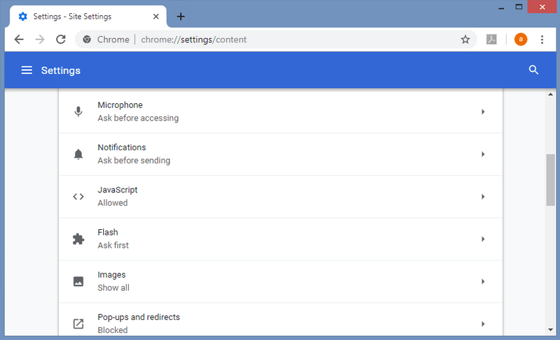 Configuración de contenido de Google Chrome