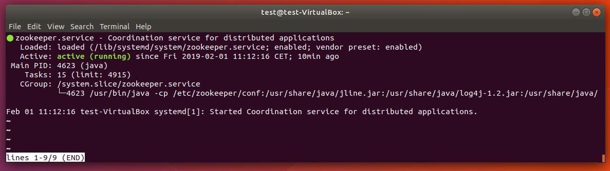 Terminal de Ubuntu: comentario del estado del servicio de ZooKeeper