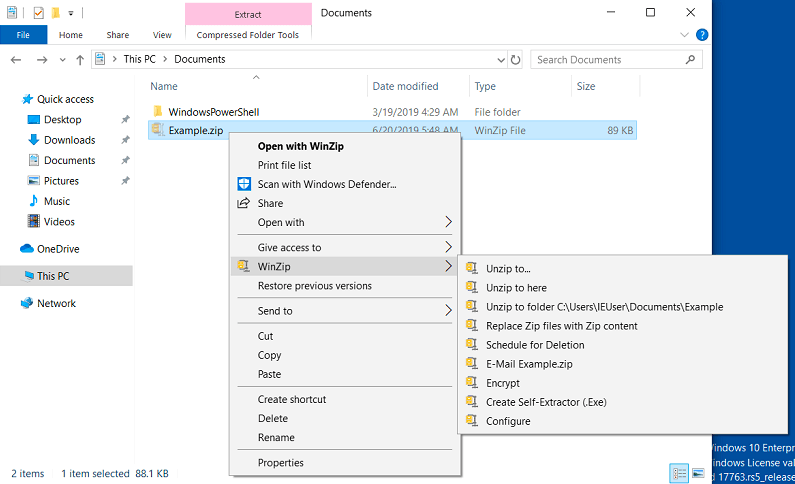 WinZIP en el menú de contexto del gestor de archivos de Windows