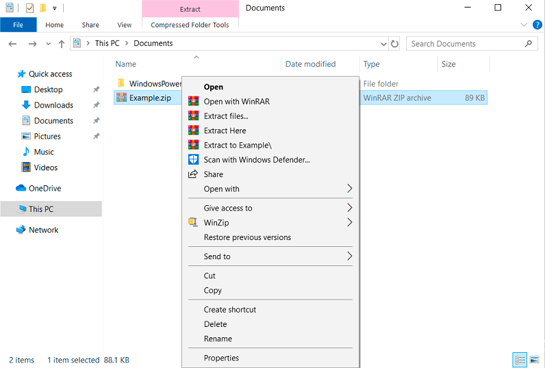 WinRAR en el menú de contexto del gestor de archivos de Windows