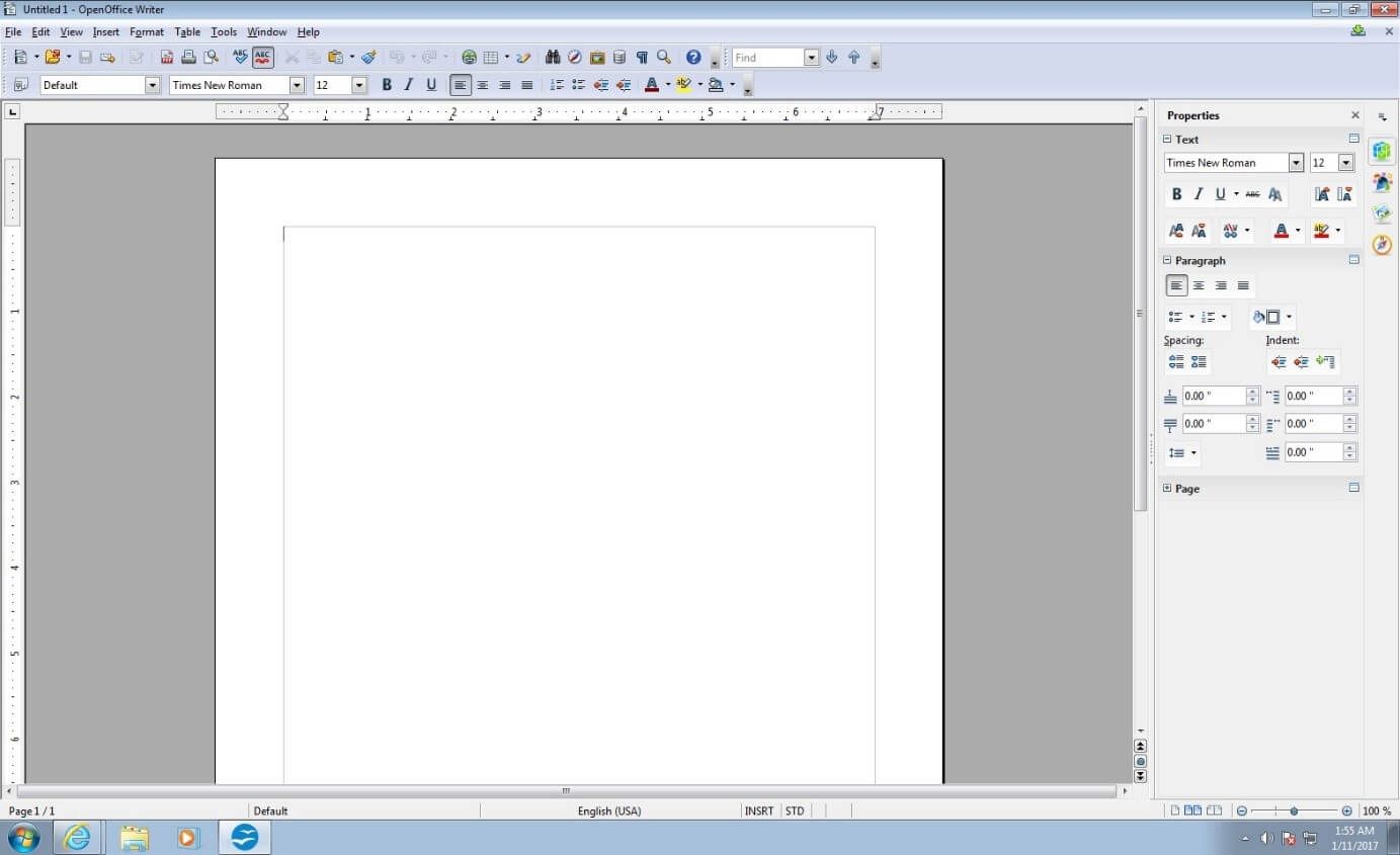 Interfaz de usuario de OpenOffice Writer 4.1.3 con un documento en blanco