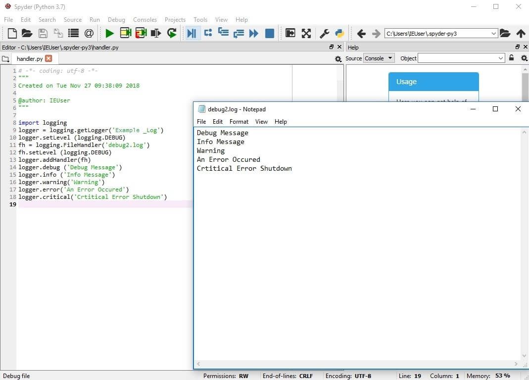 Editor de Python con funciones de logging y archivo de registro con mensajes de varios niveles