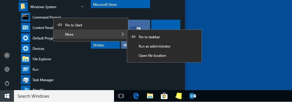 Windows 10: icono del “Símbolo del sistema” en el menú de inicio