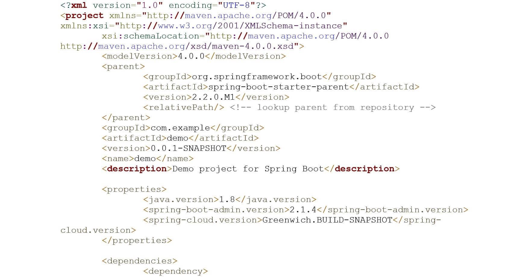 Fragmento del archivo de configuración pom.xml de Maven generado al crear el proyecto.
