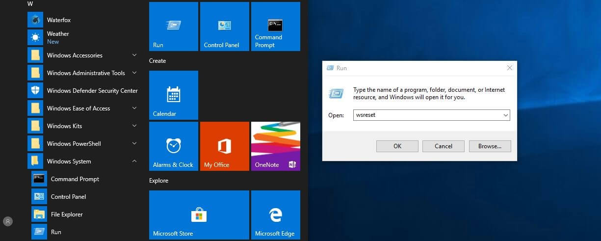 Windows 10: inicio de wsreset mediante “Ejecutar”