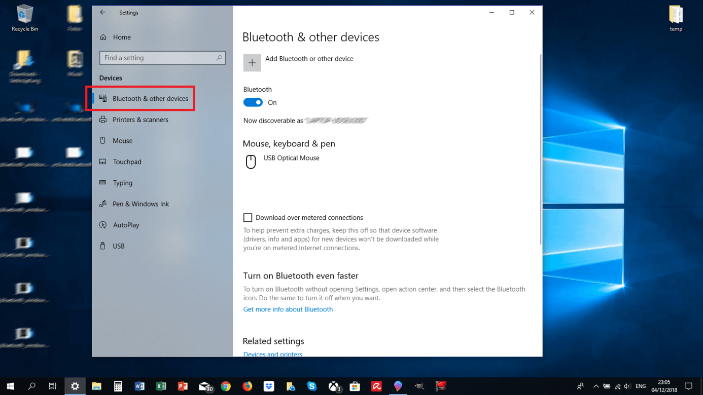 Bluetooth y otros dispositivos en la configuración de Windows 10