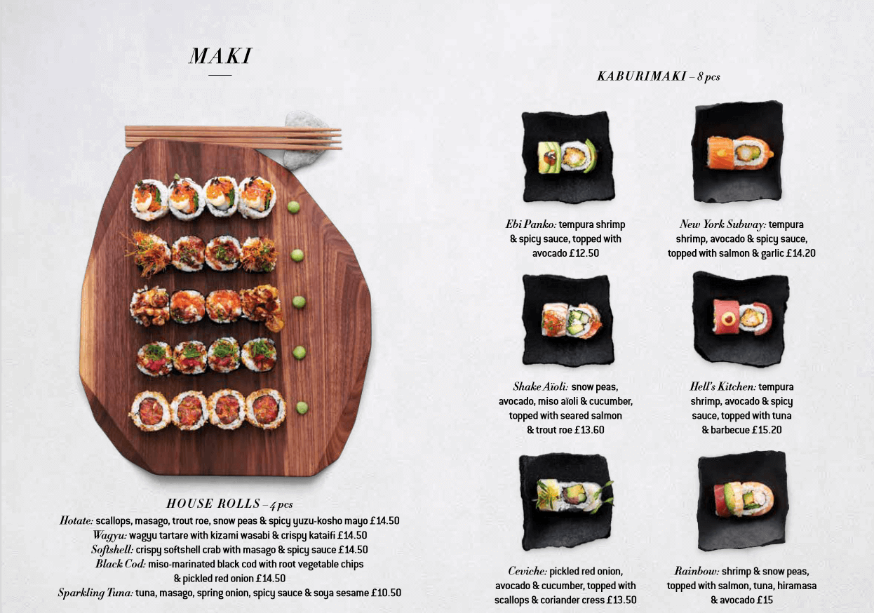 Carta de restaurante con las fotos de diferentes tipos de sushi