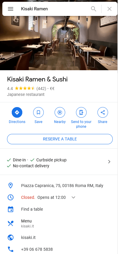 Perfil de un restaurante de sushi en Google MyBusiness
