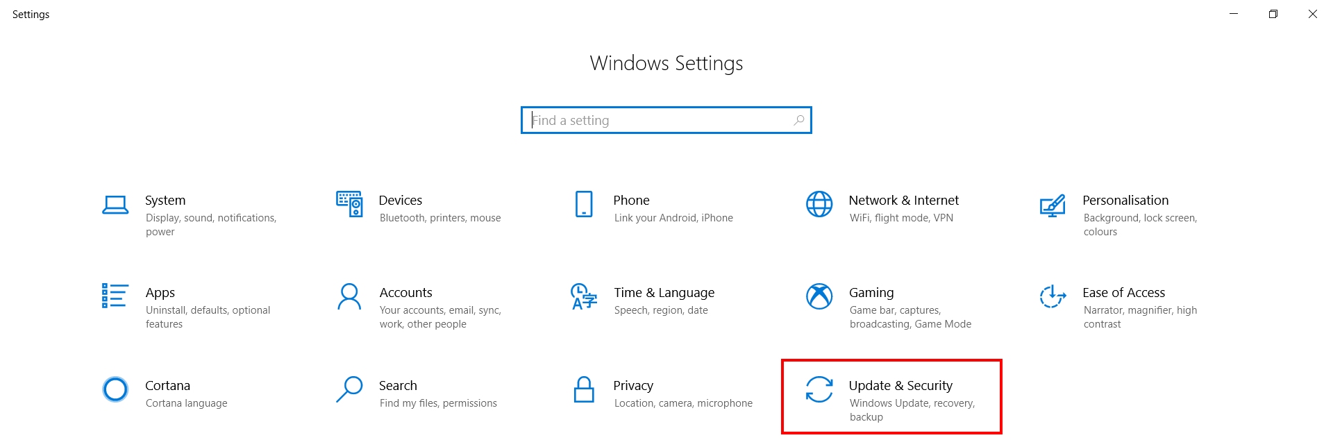 Sección “Actualización y seguridad” en la configuración de Windows
