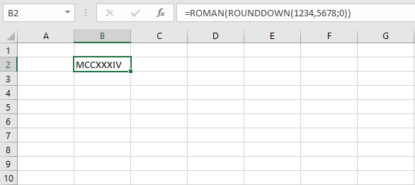 Combinación de las fórmulas de Excel REDONDEAR.MENOS y ROMANO