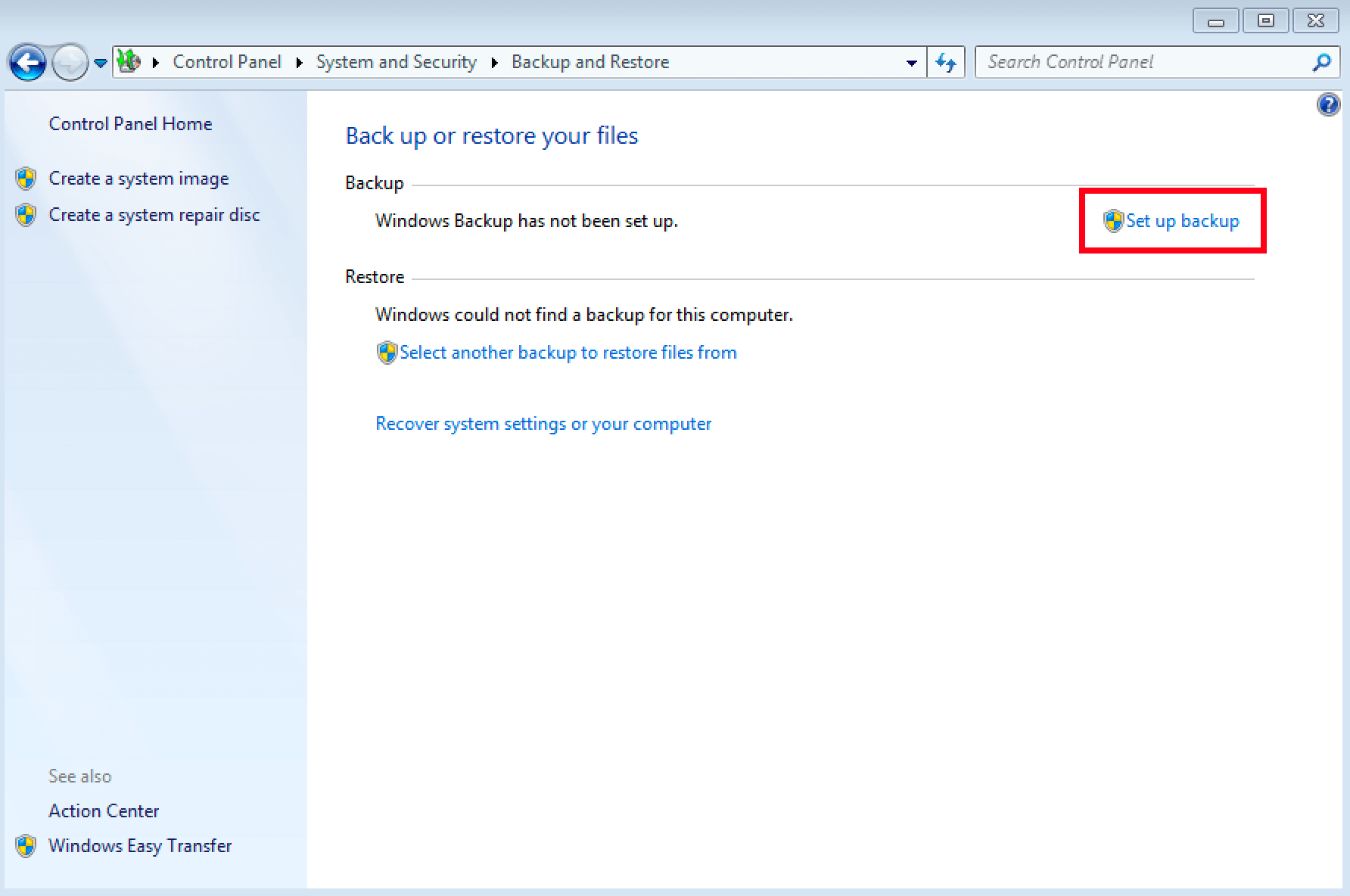 Menú de copias de seguridad en Windows 7