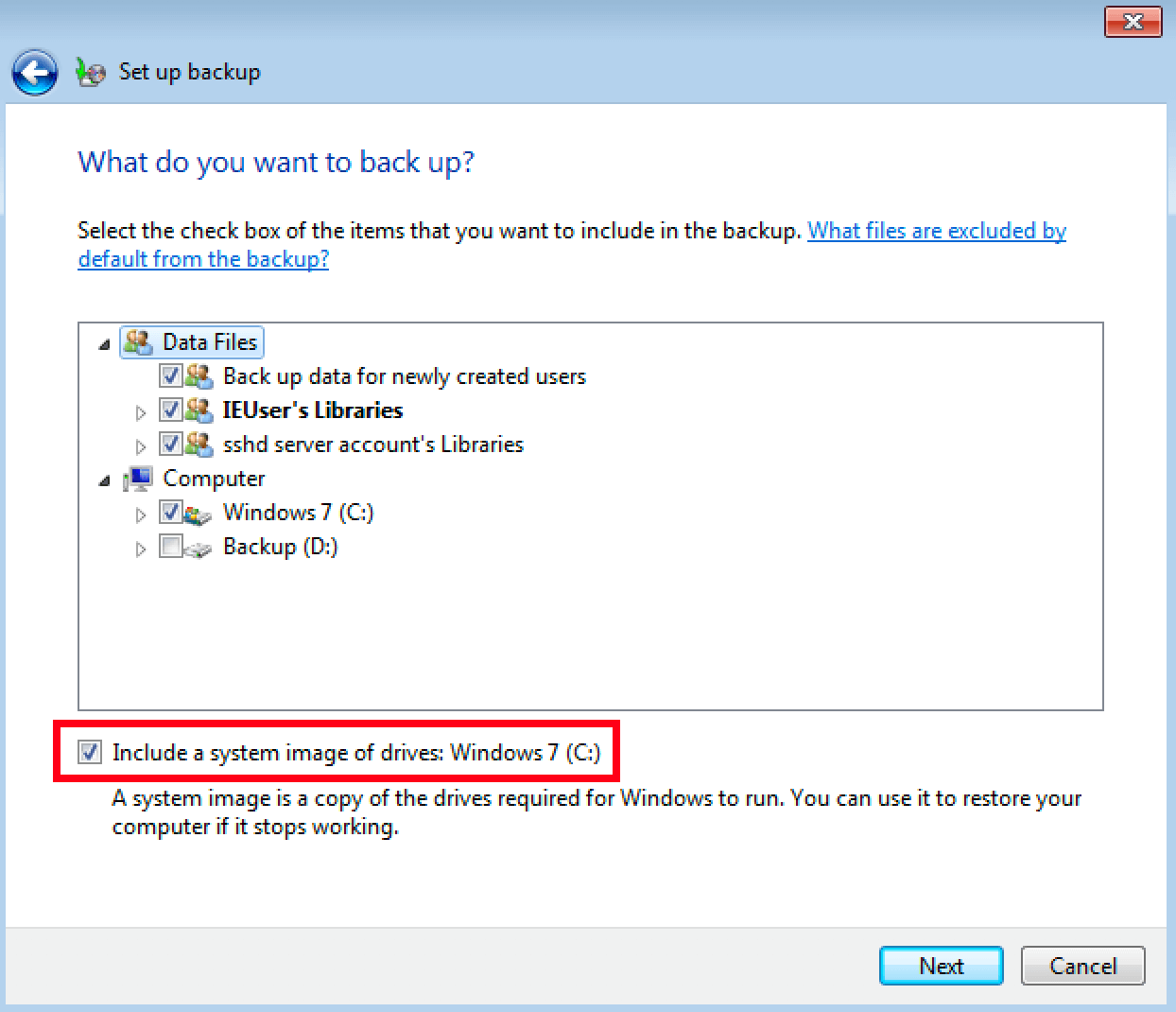 Selección manual de directorios para crear backups en windows 7]