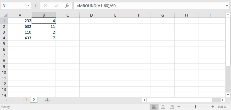 Tabla de Excel con redondeo a un múltiplo utilizando la función REDOND.MULT