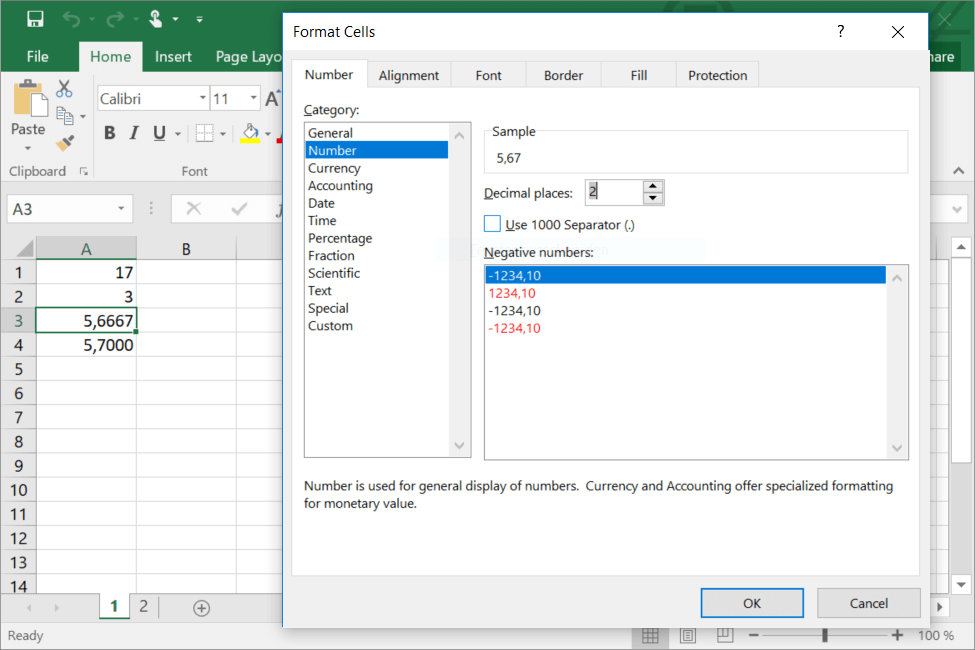 Ventana de Excel para formatear celdas de manera que muestren valores redondeados de cara al usuario