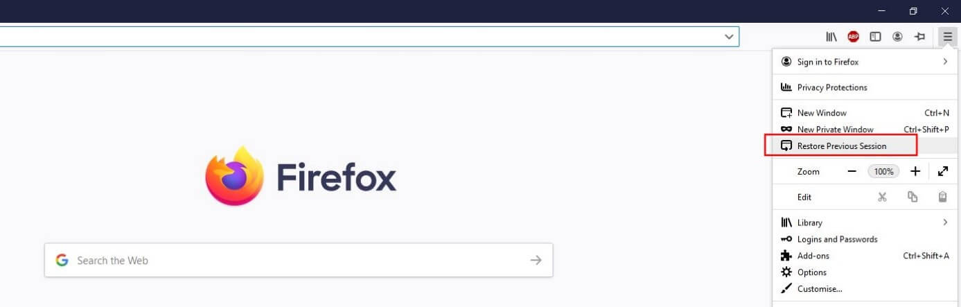 Menú Firefox: botón “Restaurar sesión anterior”