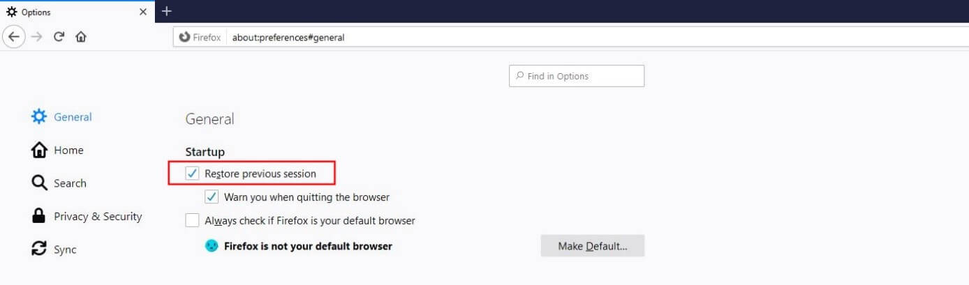 Firefox: Restaurar la sesión anterior Firefox al abrir el programa