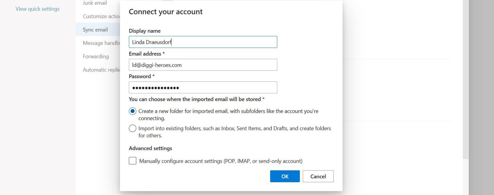 Ventana para conectar cuentas en la web de Outlook