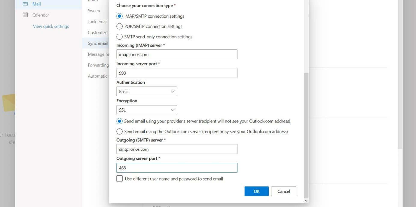 Ventana para agregar manualmente una cuenta en Outlook en la web