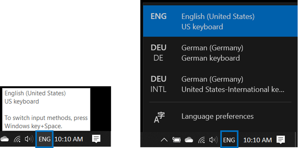Menú para cambiar el idioma de teclado de Windows 10 en la barra de tareas