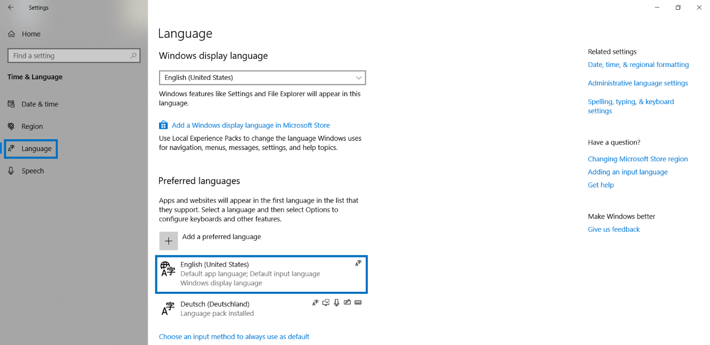 Configuración de idioma de Windows 10