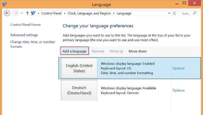 “Agregar un idioma” en el cuadro de diálogo “Cambie sus preferencias de idioma”