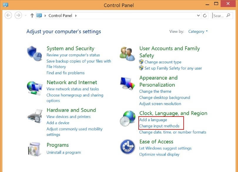 “Reloj, idioma y región” en el menú del Panel de control de Windows 8