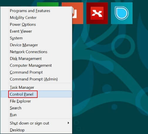 Menú de Windows 8 que permite acceder al Panel de control