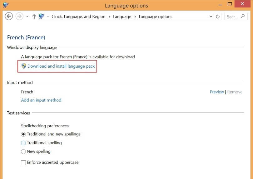 Cuadro de diálogo de Windows 8 “Opciones de idioma”