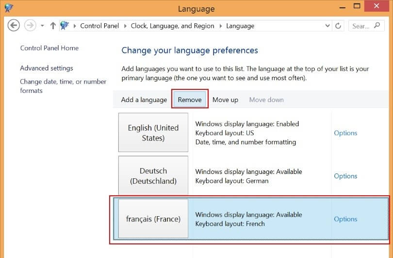 Windows 8: eliminar un idioma de la lista de idiomas