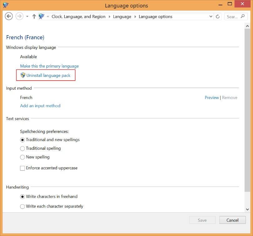 Desinstalación de un paquete de idioma en Windows 8
