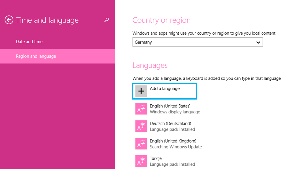 Configuración de “Región e idioma” en Windows 8