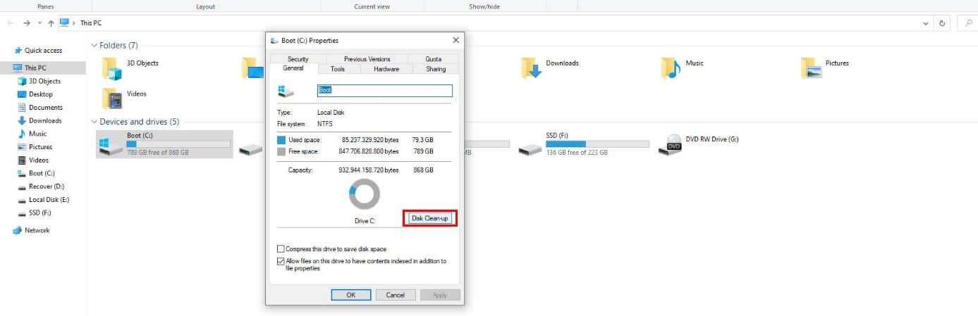 Windows 10: propiedades del disco