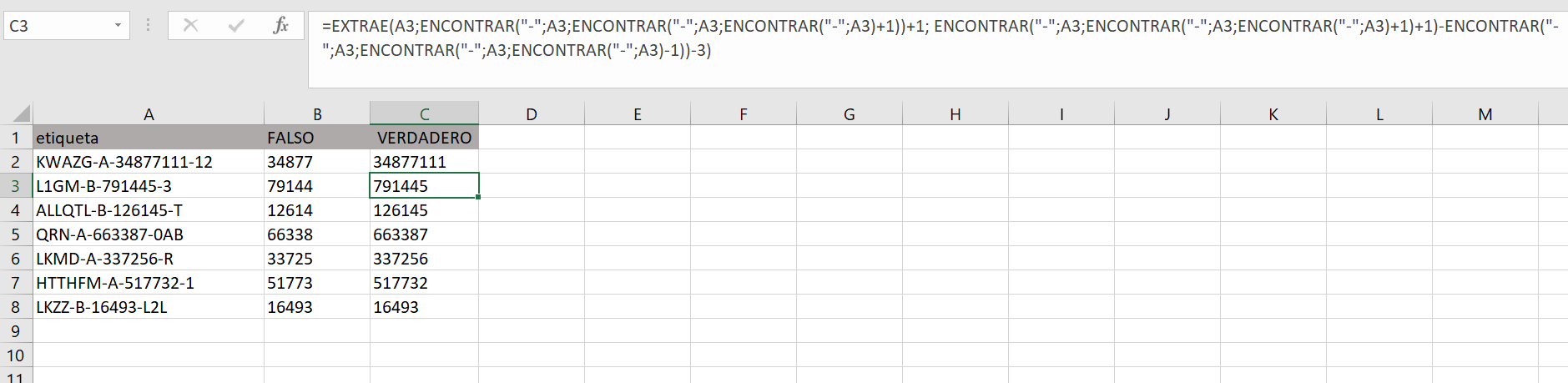 Tabla en Excel con función ENCONTRAR y función MID 