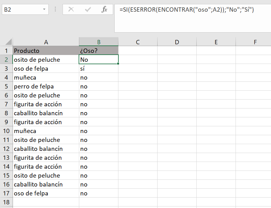 Tabla en Excel con función ENCONTRAR y función SI