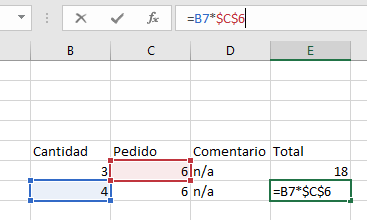 Ejemplo Excel del uso del símbolo $