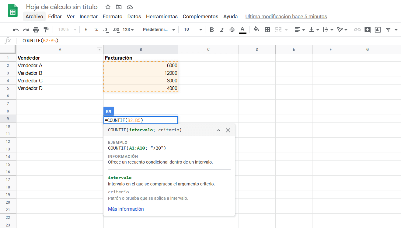 Google Sheets: valores seleccionados para COUNTIF 