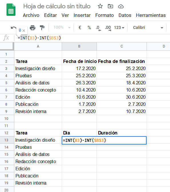 Fórmula insertada en Google Sheets