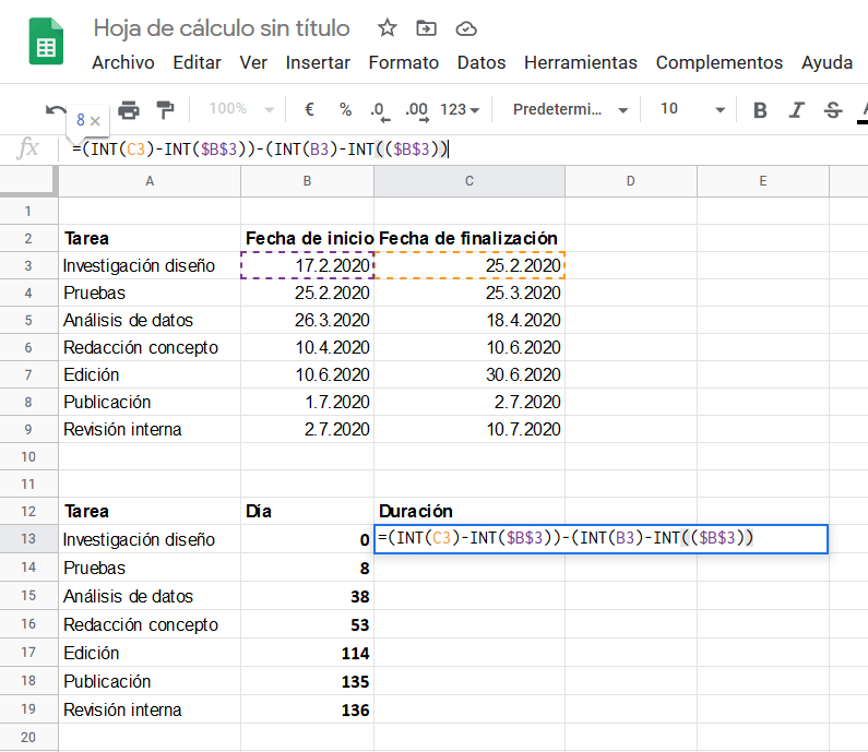 Google Sheets: fórmula para la duración de la tarea