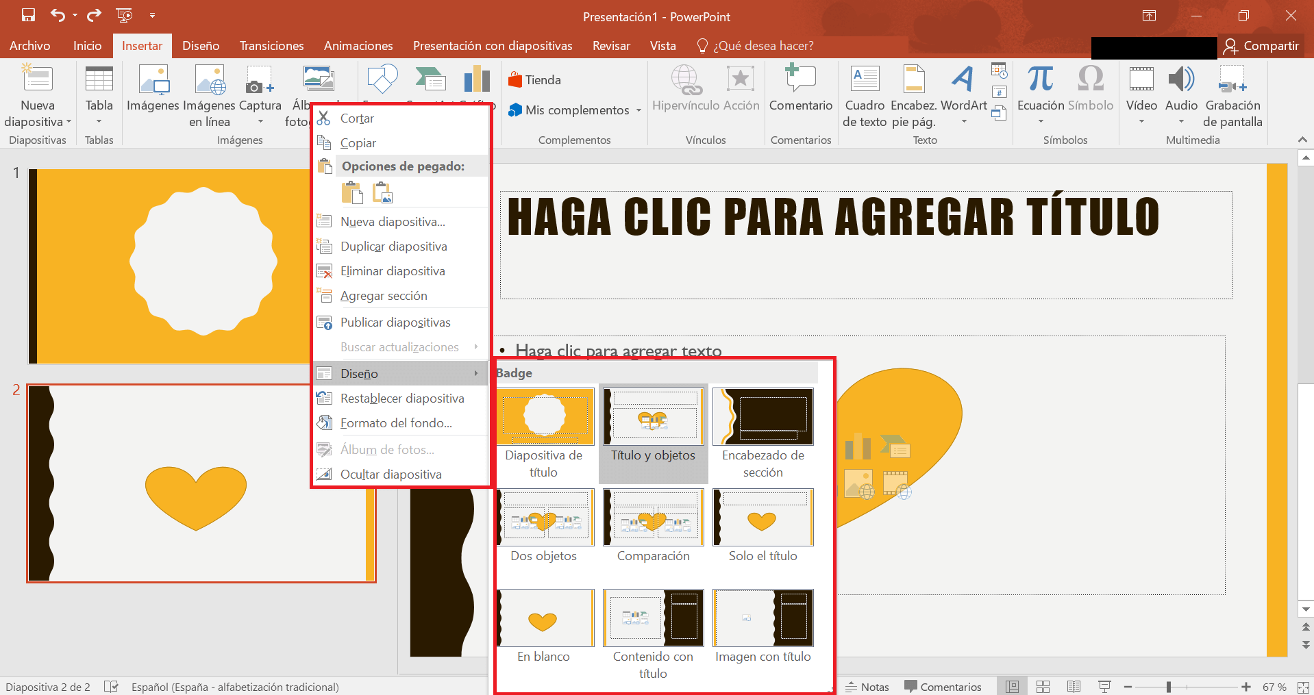 Haz clic con el botón derecho del ratón sobre la diapositiva para ver la selección de diseño en PowerPoint 2019