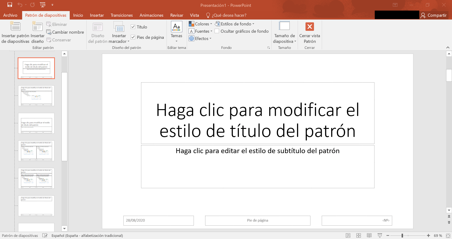 Vista de patrón de diapositivas en PowerPoint 2019
