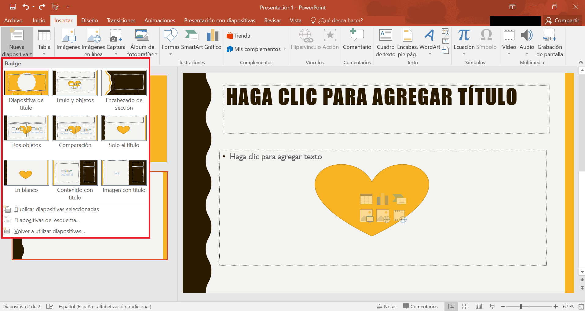 Insertar los diseños de las diapositivas mediante la pestaña “Insertar” en PowerPoint 2019