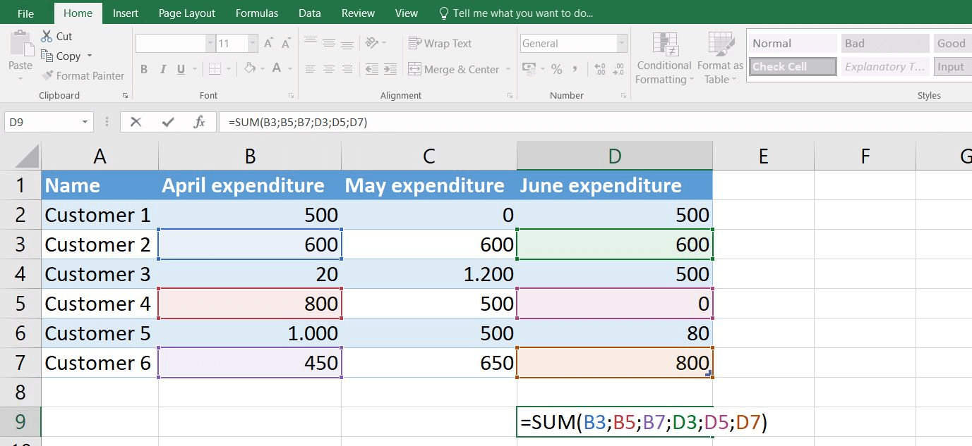 Excel 2016: fórmula de SUMA con seis argumentos