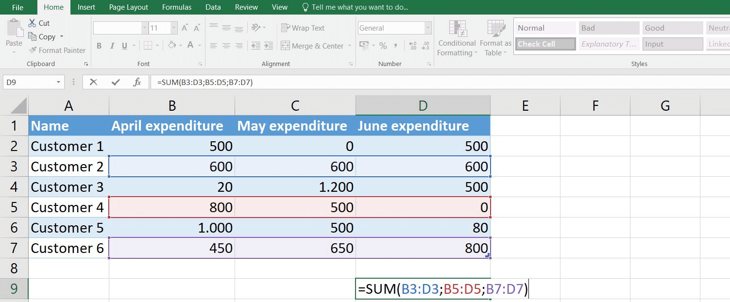 Función SUMA de Excel: ejemplo con tres argumentos