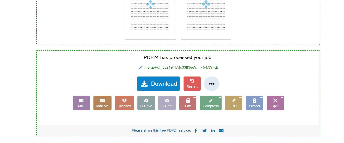 Opciones de exportación de la función “Unir PDF” de PDF24 Tools