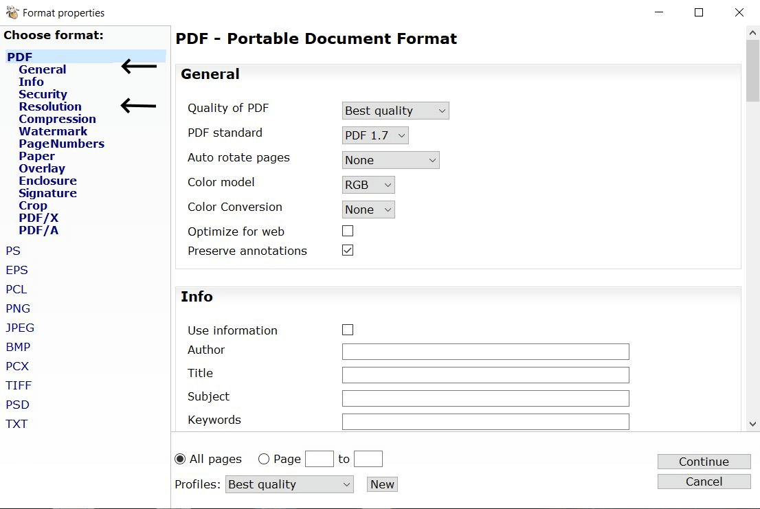 Ajustes de PDF24 para exportar un nuevo archivo PDF