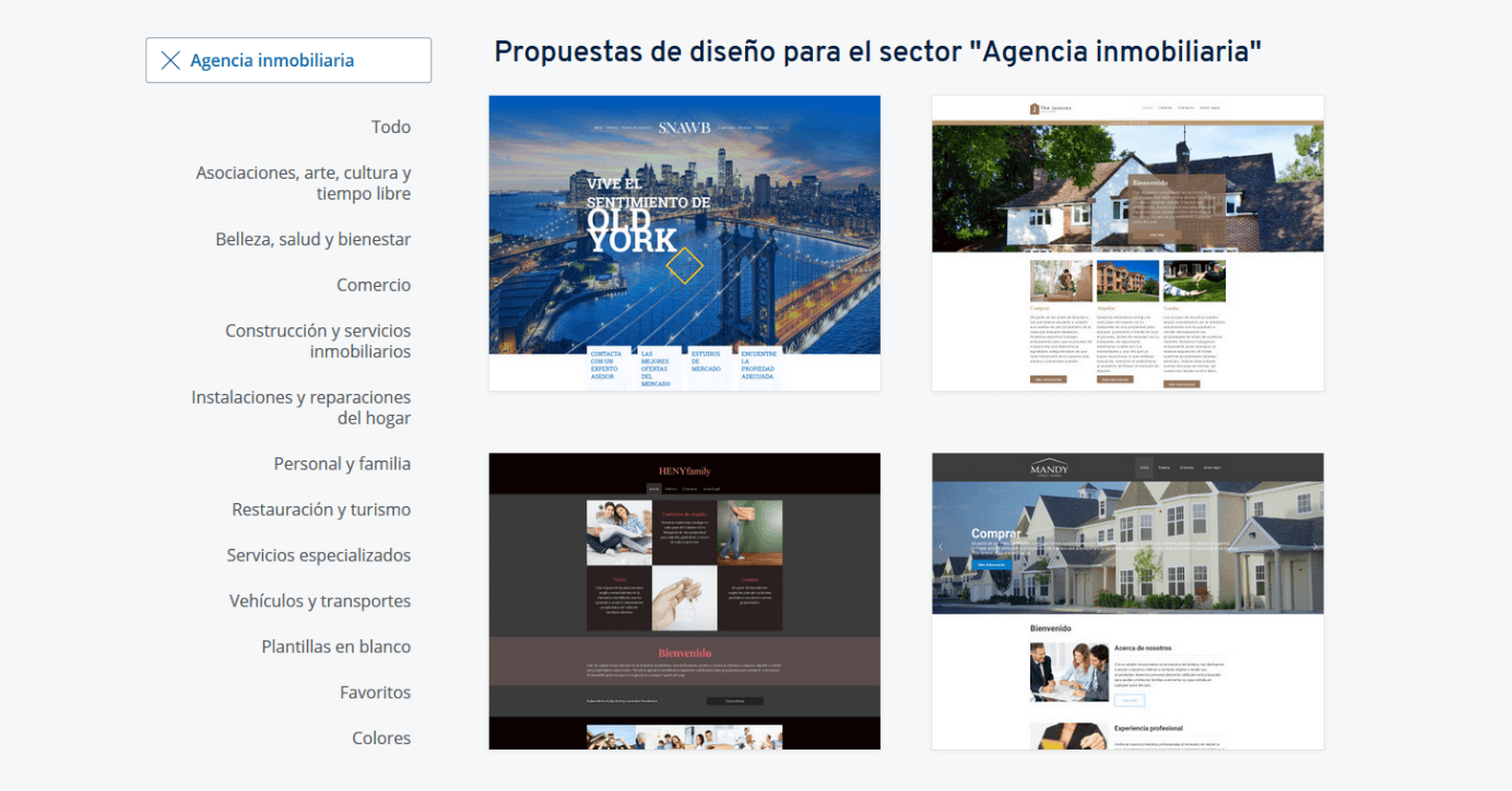Plantillas de diseño de IONOS : captura de pantalla de las plantillas propuestas para el sector inmobiliario