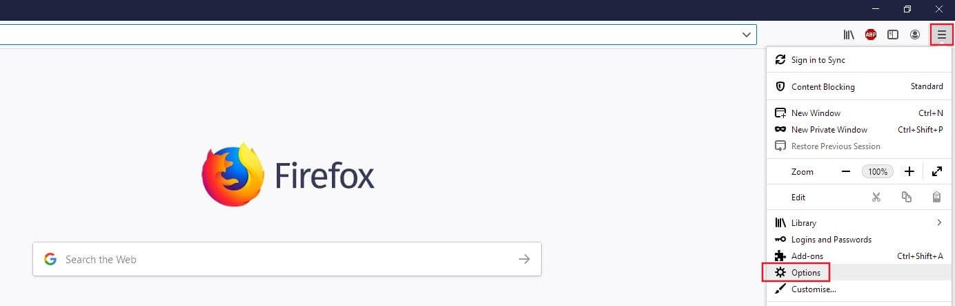 Menú estándar en Firefox para escritorio