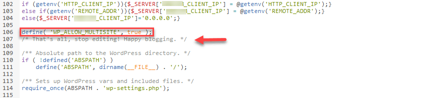Archivo wp-config.php con la línea de código añadida define( 'WP_ALLOW_MULTISITE', true );