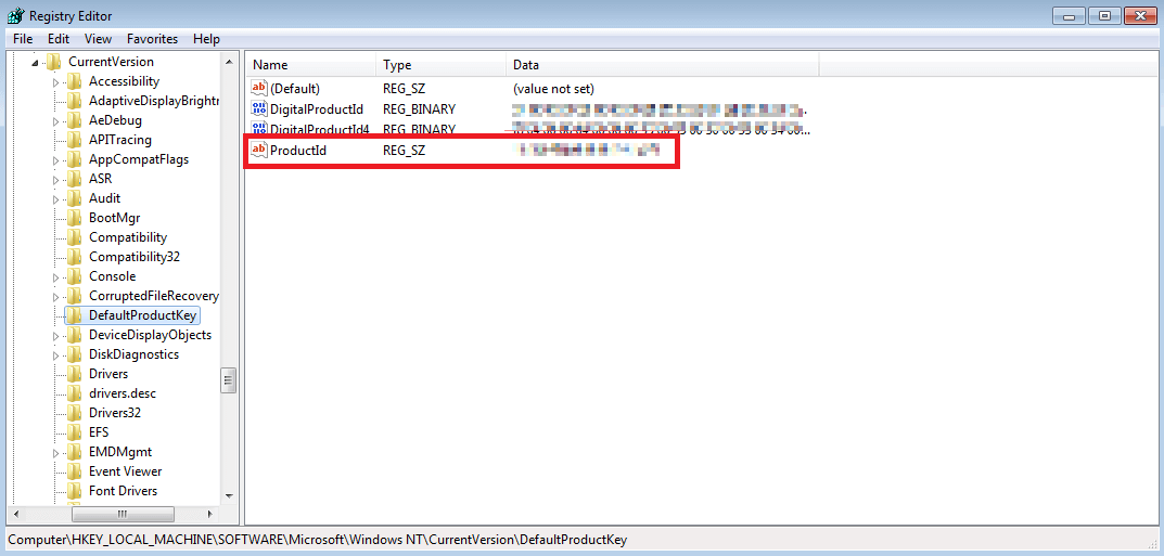 Registro de Windows con clave de producto de Windows 7